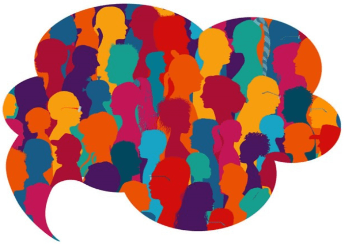 A speech bubble shape filled with the silhouettes of diverse individuals who use different communication styles when in the workplace.