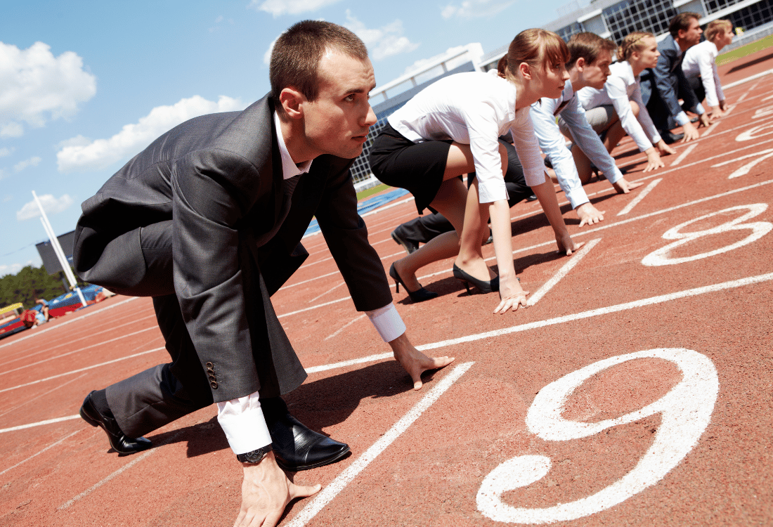 Employees racing against each other to escape negative internal competition in their company. 