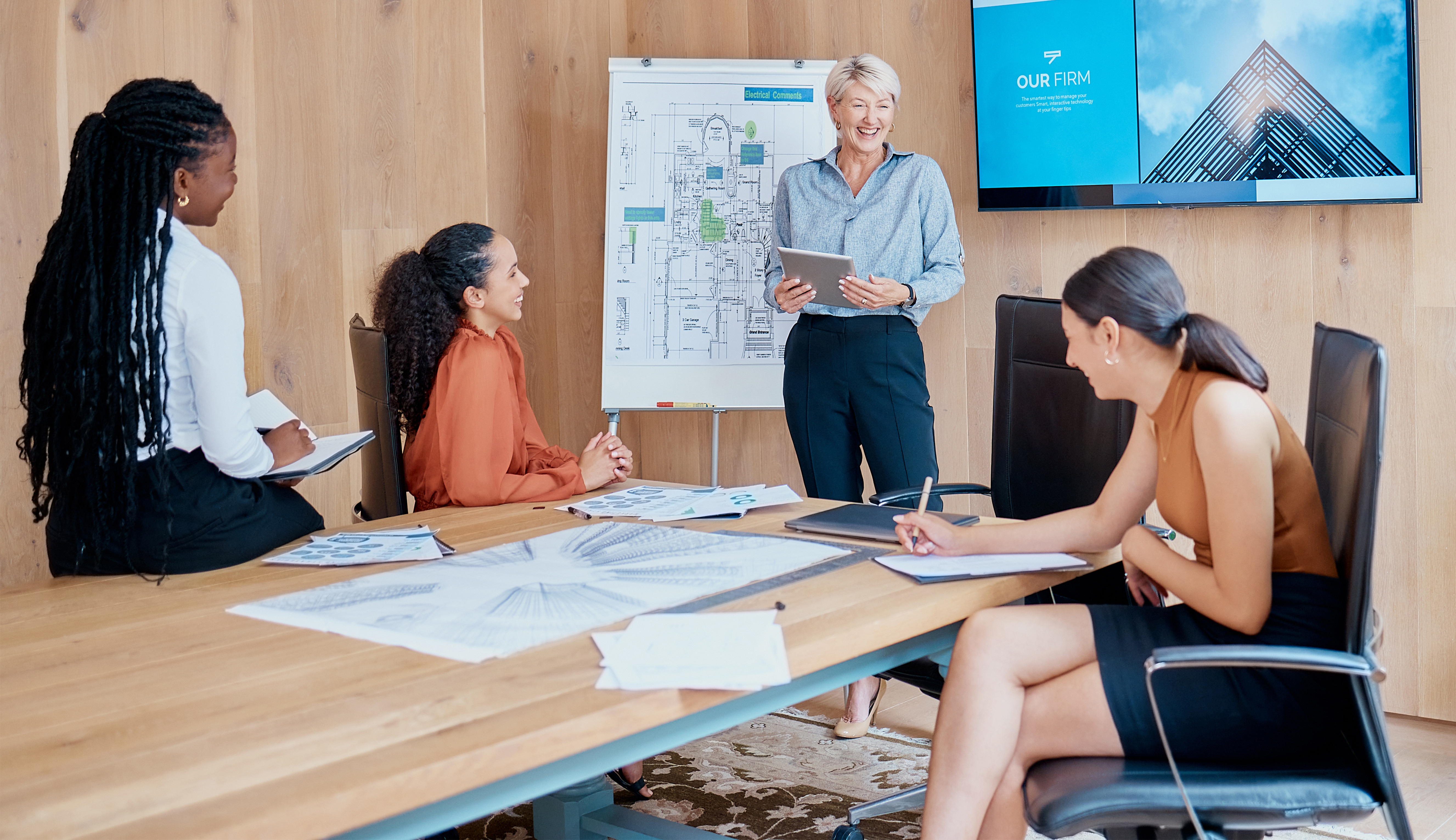 Business professionals analysing personality charts representing self-awareness leadership and team development strategies.